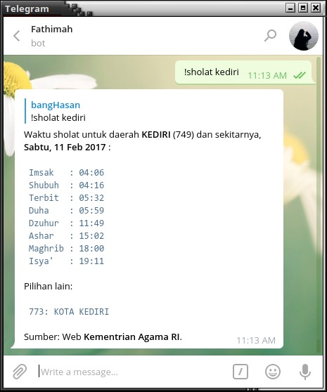 Fathimah Telegram Jadwal Sholat Kediri